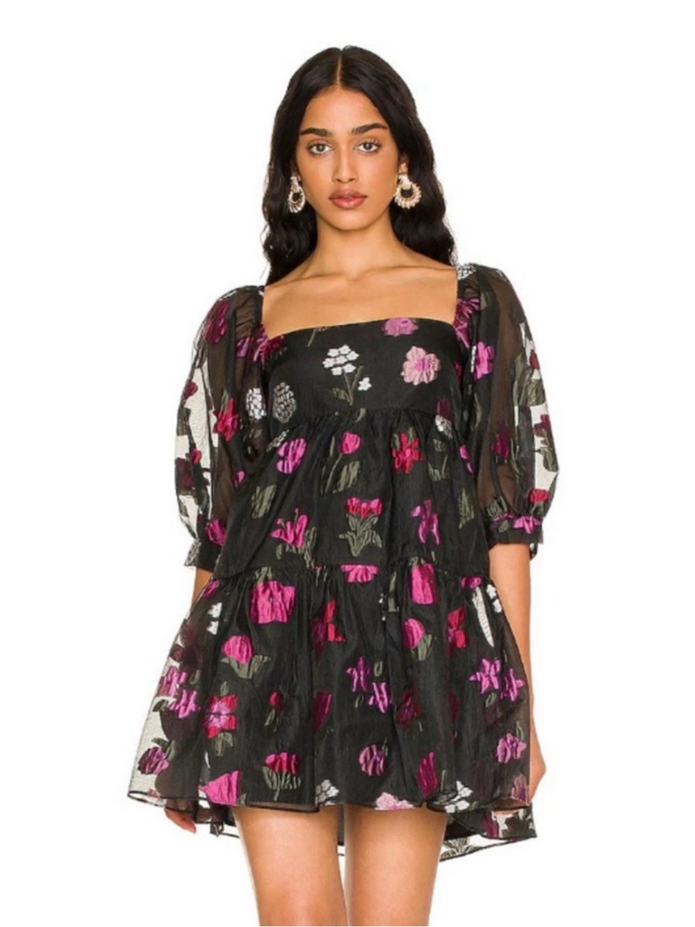 Amanda Uprichard Black Mini Dress with Pink Floral Embroidery